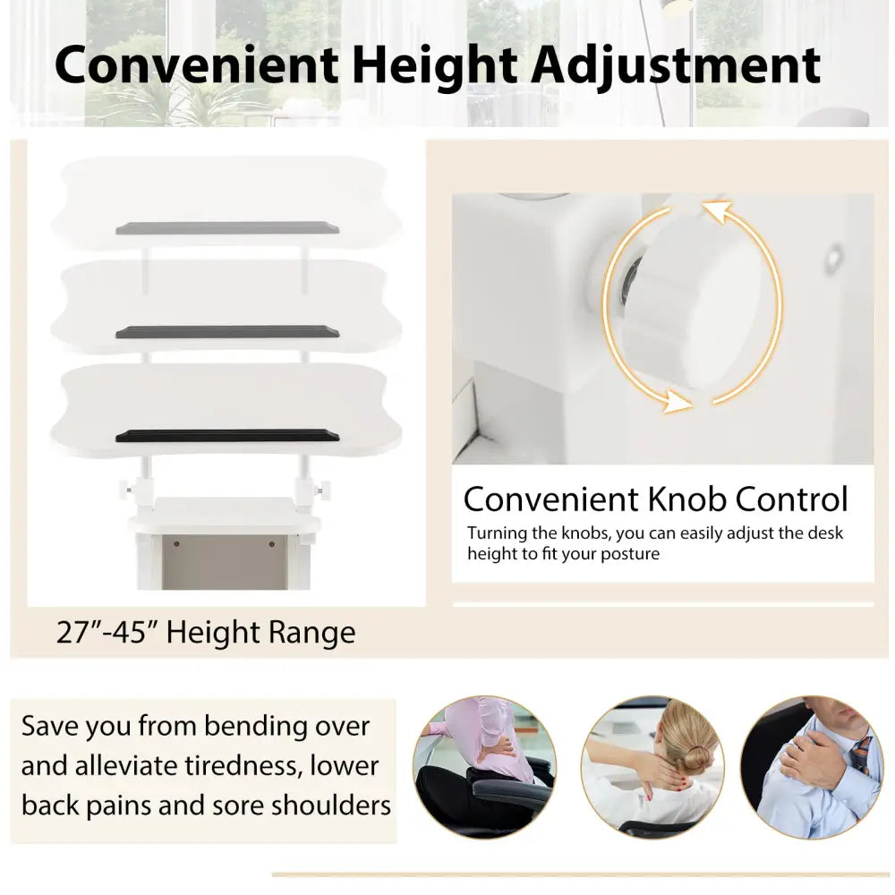 Adjustable Mobile Standing Desk Cart with Tilt Desktop and Cabinet-White - White - Laptop Tables & Printer Stands