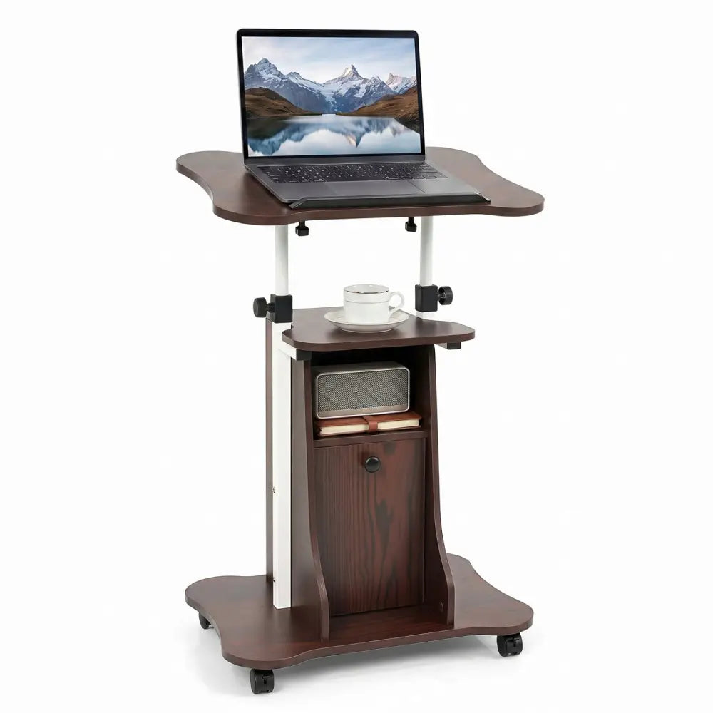 Adjustable Mobile Standing Desk Cart with Tilt Desktop and Cabinet-Brown - Brown - Laptop Tables & Printer Stands