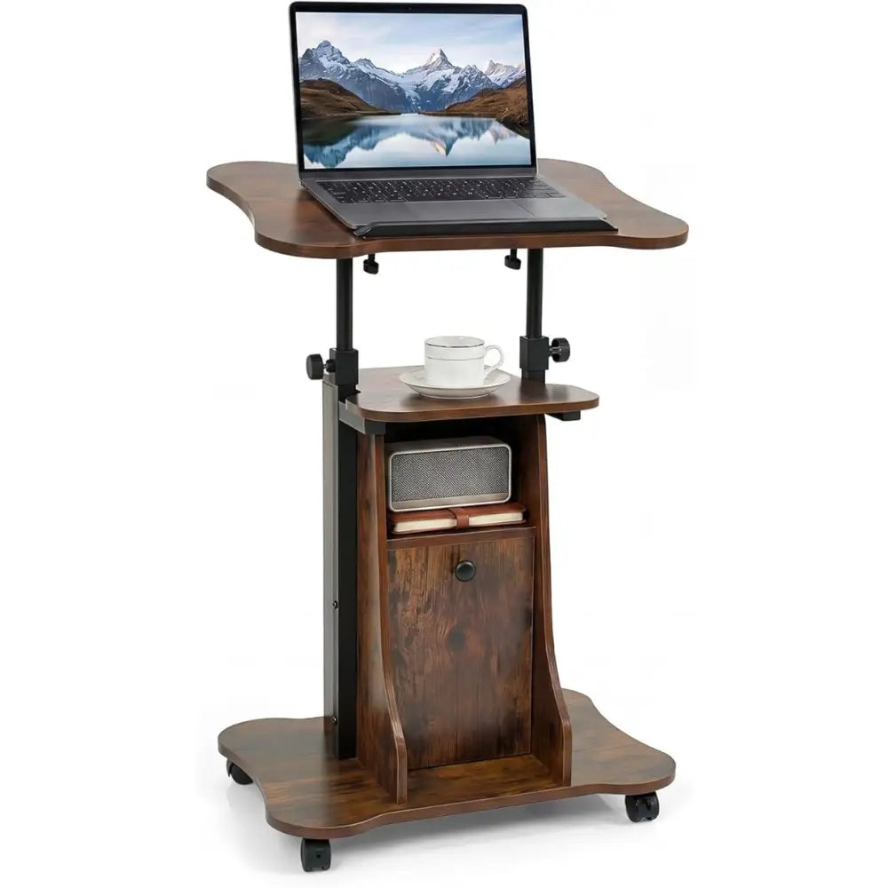 Adjustable Mobile Standing Desk Cart with Tilt Desktop and Cabinet-Rustic Brown - Rustic Brown - Laptop Tables &