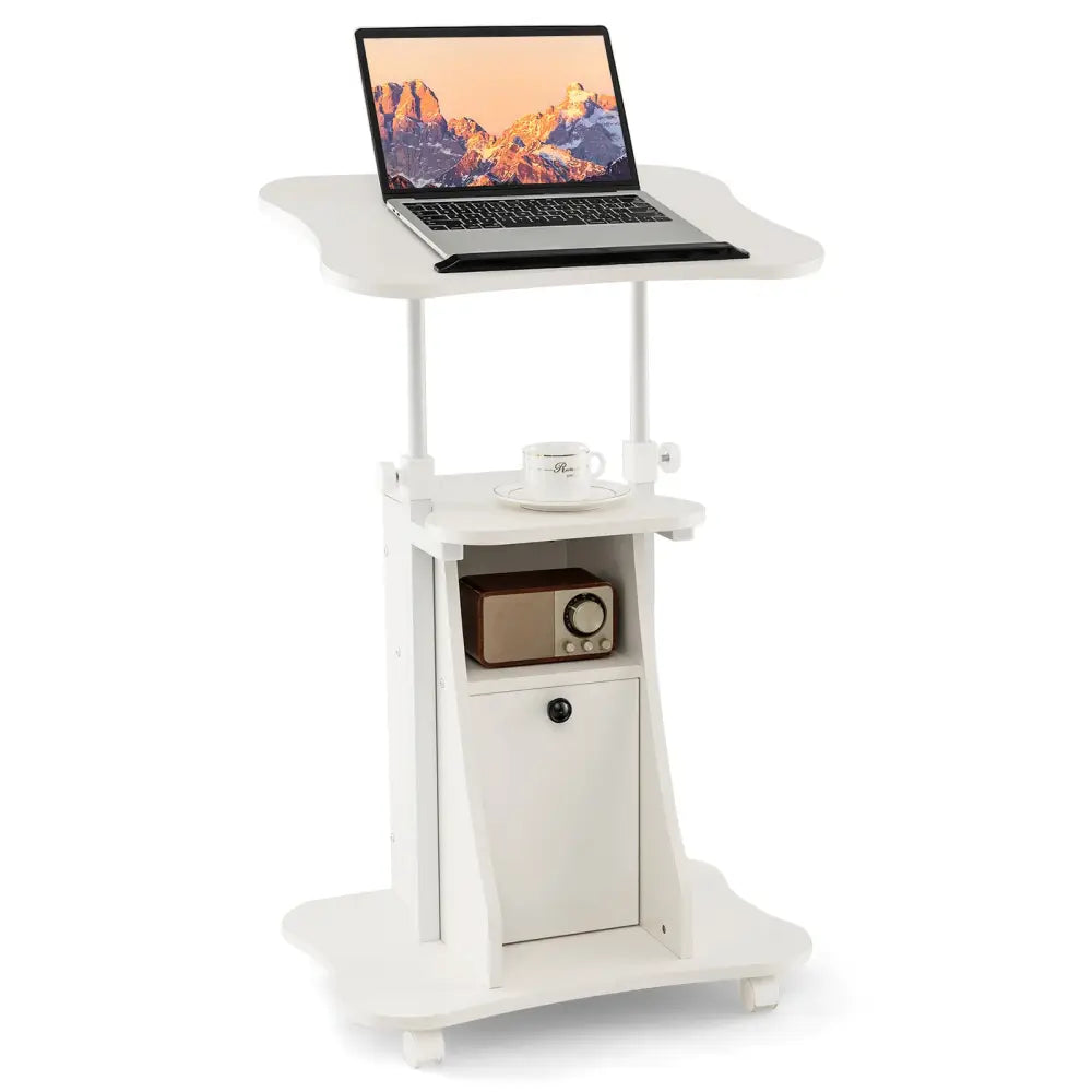 Adjustable Mobile Standing Desk Cart with Tilt Desktop and Cabinet-White - White - Laptop Tables & Printer Stands