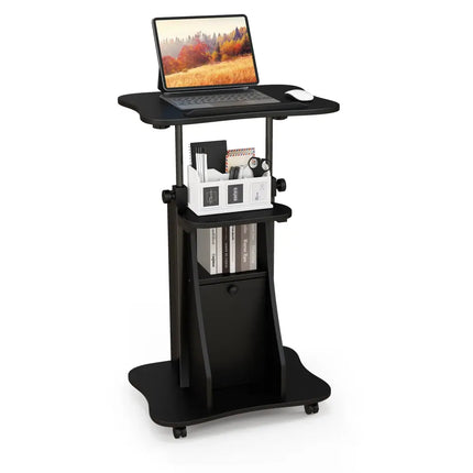 Adjustable Mobile Standing Desk Cart with Tilt Desktop and Cabinet-Black - Black - Laptop Tables & Printer Stands
