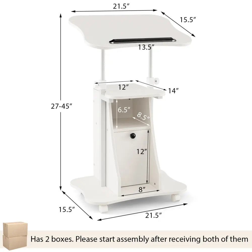 Adjustable Mobile Standing Desk Cart with Tilt Desktop and Cabinet-White - White - Laptop Tables & Printer Stands