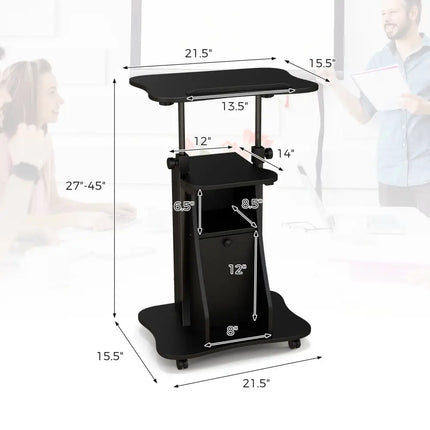 Adjustable Mobile Standing Desk Cart with Tilt Desktop and Cabinet-Black - Black - Laptop Tables & Printer Stands