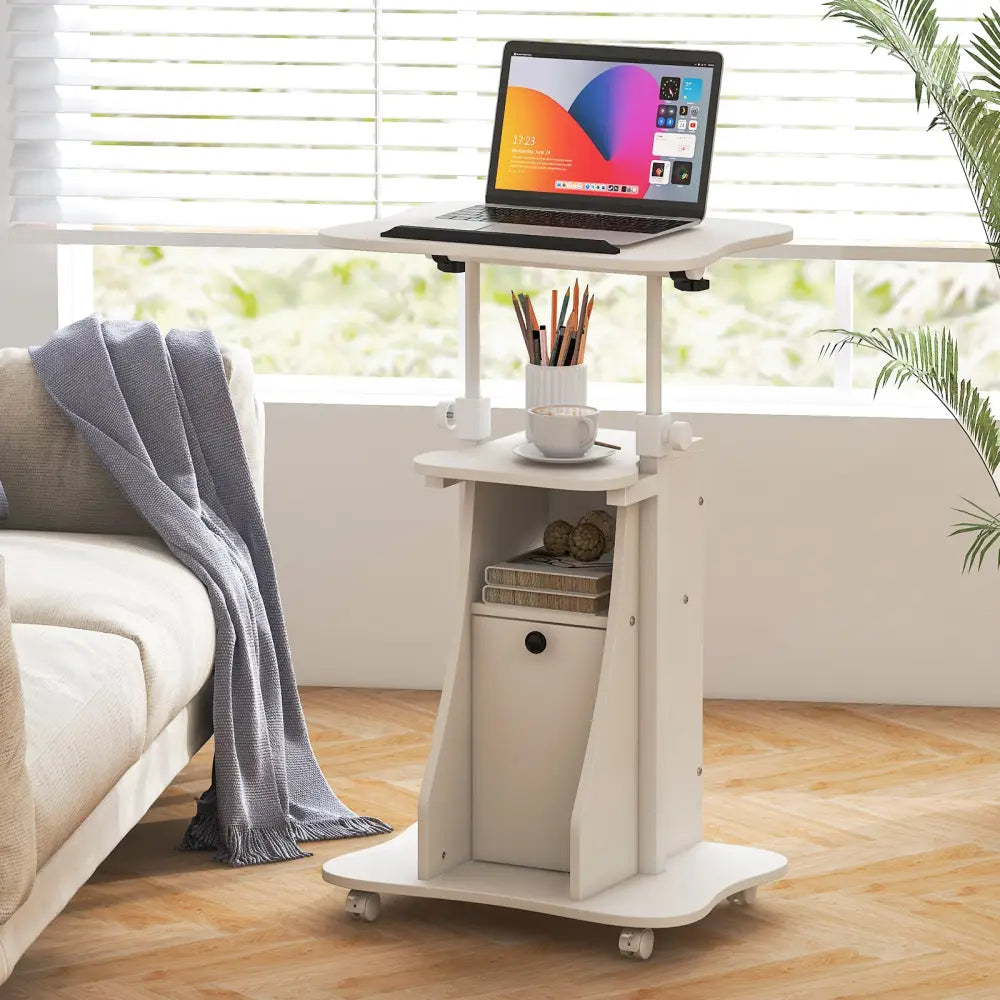 Adjustable Mobile Standing Desk Cart with Tilt Desktop and Cabinet-White - White - Laptop Tables & Printer Stands