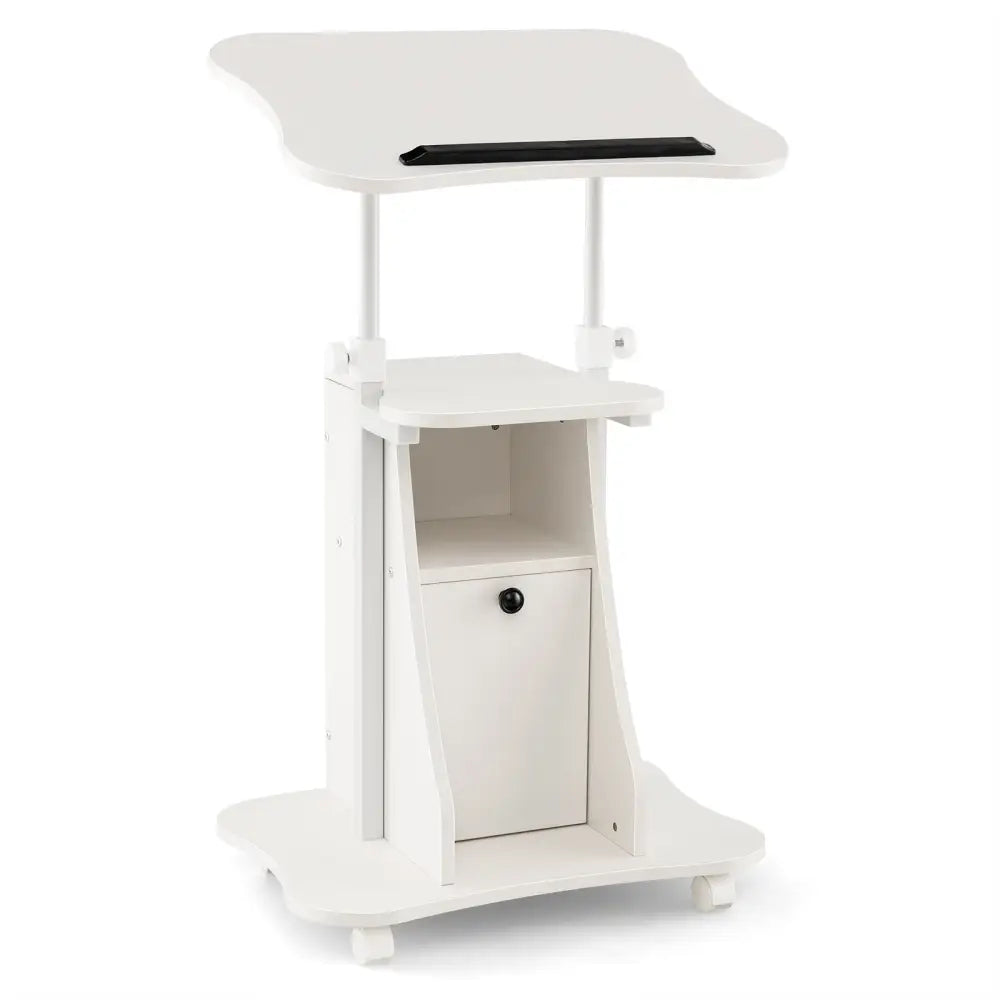 Adjustable Mobile Standing Desk Cart with Tilt Desktop and Cabinet-White - White - Laptop Tables & Printer Stands
