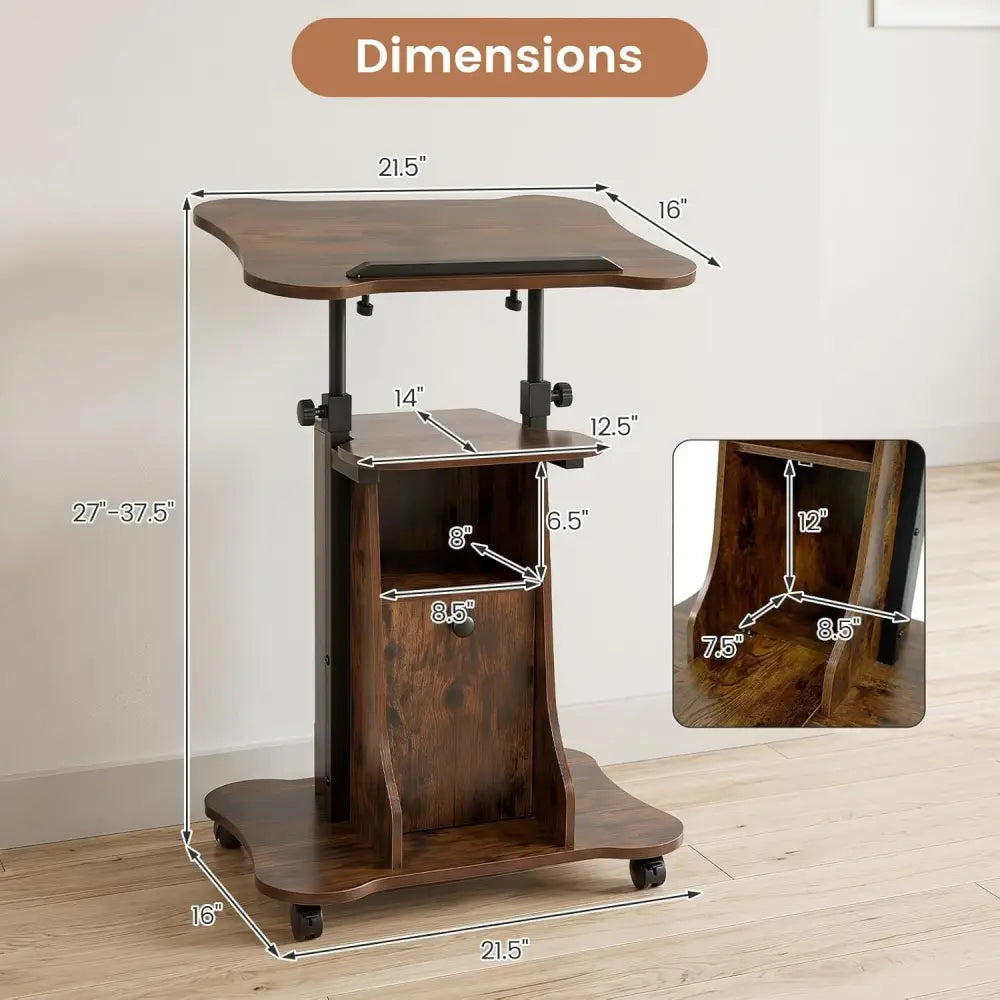 Adjustable Mobile Standing Desk Cart with Tilt Desktop and Cabinet-Rustic Brown - Rustic Brown - Laptop Tables &
