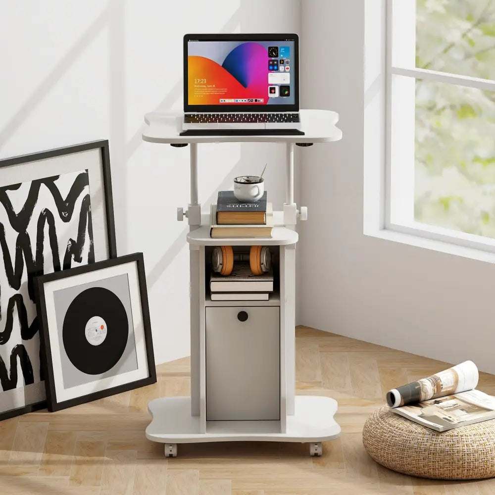 Adjustable Mobile Standing Desk Cart with Tilt Desktop and Cabinet-White - White - Laptop Tables & Printer Stands