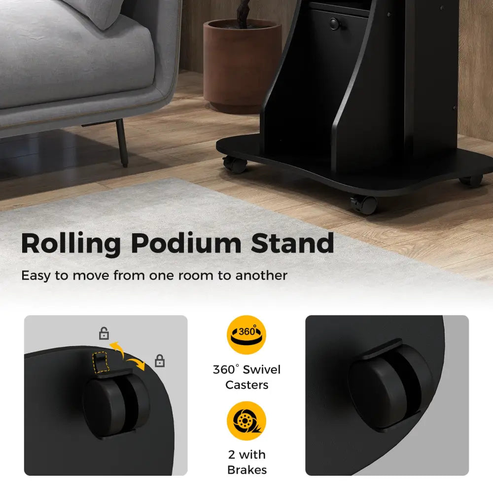 Adjustable Mobile Standing Desk Cart with Tilt Desktop and Cabinet-Black - Black - Laptop Tables & Printer Stands