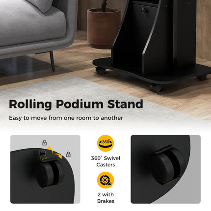 Adjustable Mobile Standing Desk Cart with Tilt Desktop and Cabinet-Black - Black - Laptop Tables & Printer Stands