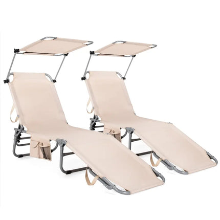 Adjustable Outdoor Beach Patio Pool Recliner with Sun Shade - Beige - Outdoor Chaise Lounges