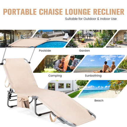Adjustable Outdoor Beach Patio Pool Recliner with Sun Shade - Beige - Outdoor Chaise Lounges