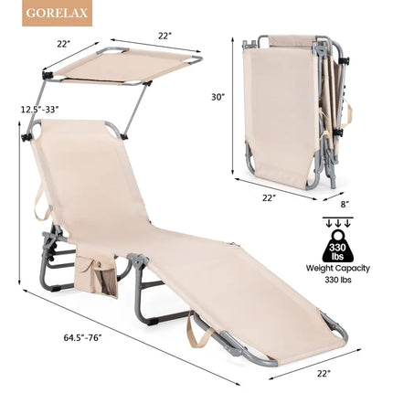 Adjustable Outdoor Beach Patio Pool Recliner with Sun Shade - Beige - Outdoor Chaise Lounges