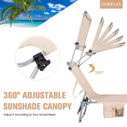 Adjustable Outdoor Beach Patio Pool Recliner with Sun Shade - Beige - Outdoor Chaise Lounges