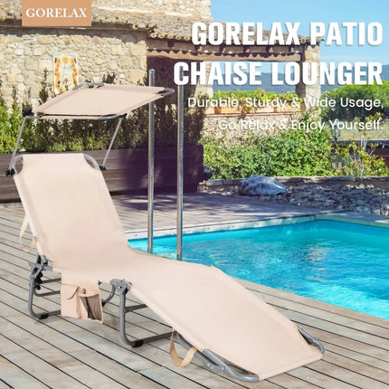 Adjustable Outdoor Beach Patio Pool Recliner with Sun Shade - Beige - Outdoor Chaise Lounges