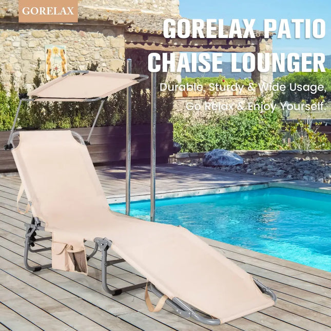 Adjustable Outdoor Beach Patio Pool Recliner with Sun Shade - Beige - Outdoor Chaise Lounges