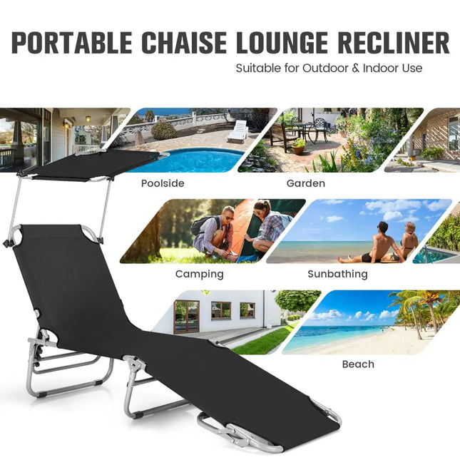 Adjustable Outdoor Beach Patio Pool Recliner with Sun Shade-Black - Black - Outdoor Chaise Lounges