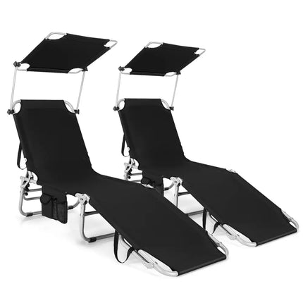 Adjustable Outdoor Beach Patio Pool Recliner with Sun Shade-Black - Black - Outdoor Chaise Lounges