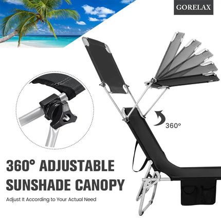 Adjustable Outdoor Beach Patio Pool Recliner with Sun Shade-Black - Black - Outdoor Chaise Lounges