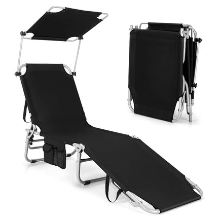 Adjustable Outdoor Beach Patio Pool Recliner with Sun Shade-Black - Black - Outdoor Chaise Lounges