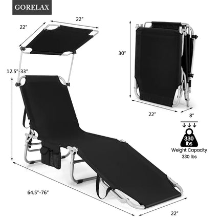 Adjustable Outdoor Beach Patio Pool Recliner with Sun Shade-Black - Black - Outdoor Chaise Lounges