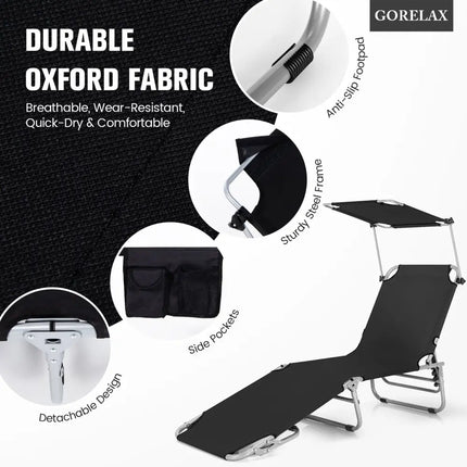 Adjustable Outdoor Beach Patio Pool Recliner with Sun Shade-Black - Black - Outdoor Chaise Lounges