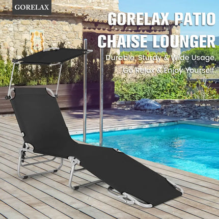 Adjustable Outdoor Beach Patio Pool Recliner with Sun Shade-Black - Black - Outdoor Chaise Lounges