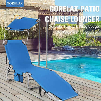 Adjustable Outdoor Beach Patio Pool Recliner with Sun Shade-Navy - Navy - Outdoor Chaise Lounges