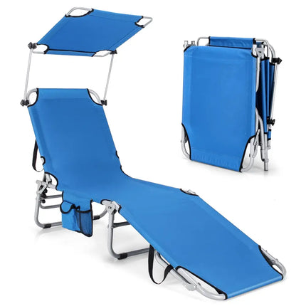 Adjustable Outdoor Beach Patio Pool Recliner with Sun Shade-Navy - Navy - Outdoor Chaise Lounges