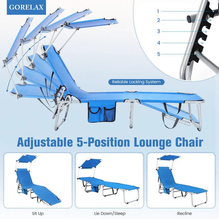 Adjustable Outdoor Beach Patio Pool Recliner with Sun Shade-Navy - Navy - Outdoor Chaise Lounges