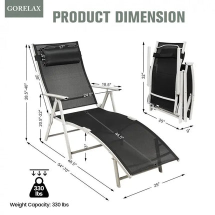 Adjustable Outdoor Lightweight Folding Chaise Lounge Chair with Pillow - Black - Oasis Home Essentials