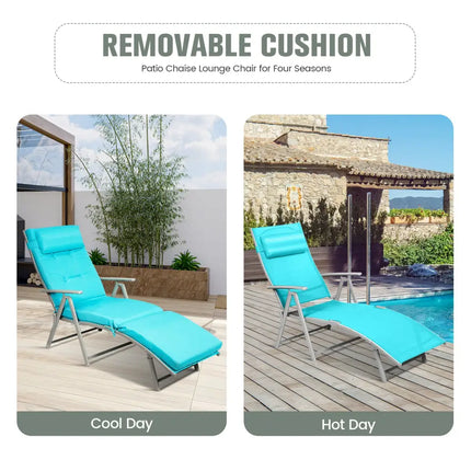 Adjustable Outdoor Lightweight Folding Chaise Lounge Chair with Pillow-Blue - Blue - Outdoor Chaise Lounges