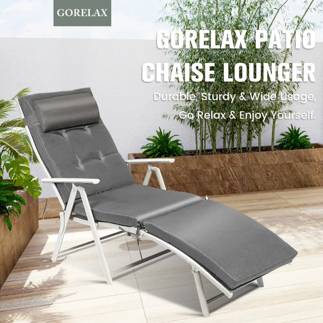 Adjustable Outdoor Lightweight Folding Chaise Lounge Chair with Pillow-Gray - Gray - Outdoor Chaise Lounges