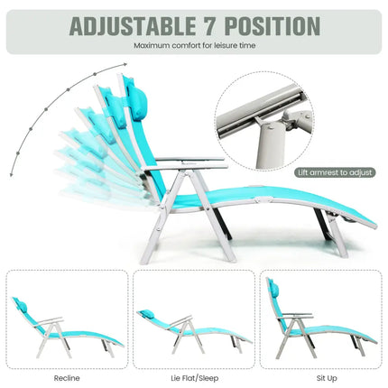 Adjustable Outdoor Lightweight Folding Chaise Lounge Chair with Pillow-Blue - Blue - Outdoor Chaise Lounges