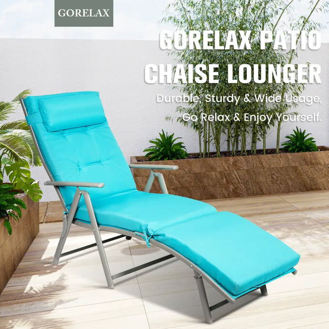Adjustable Outdoor Lightweight Folding Chaise Lounge Chair with Pillow-Blue - Blue - Outdoor Chaise Lounges
