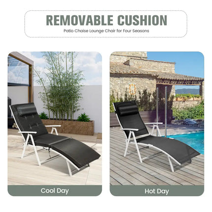 Adjustable Outdoor Lightweight Folding Chaise Lounge Chair with Pillow-Black - Black - Outdoor Chaise Lounges