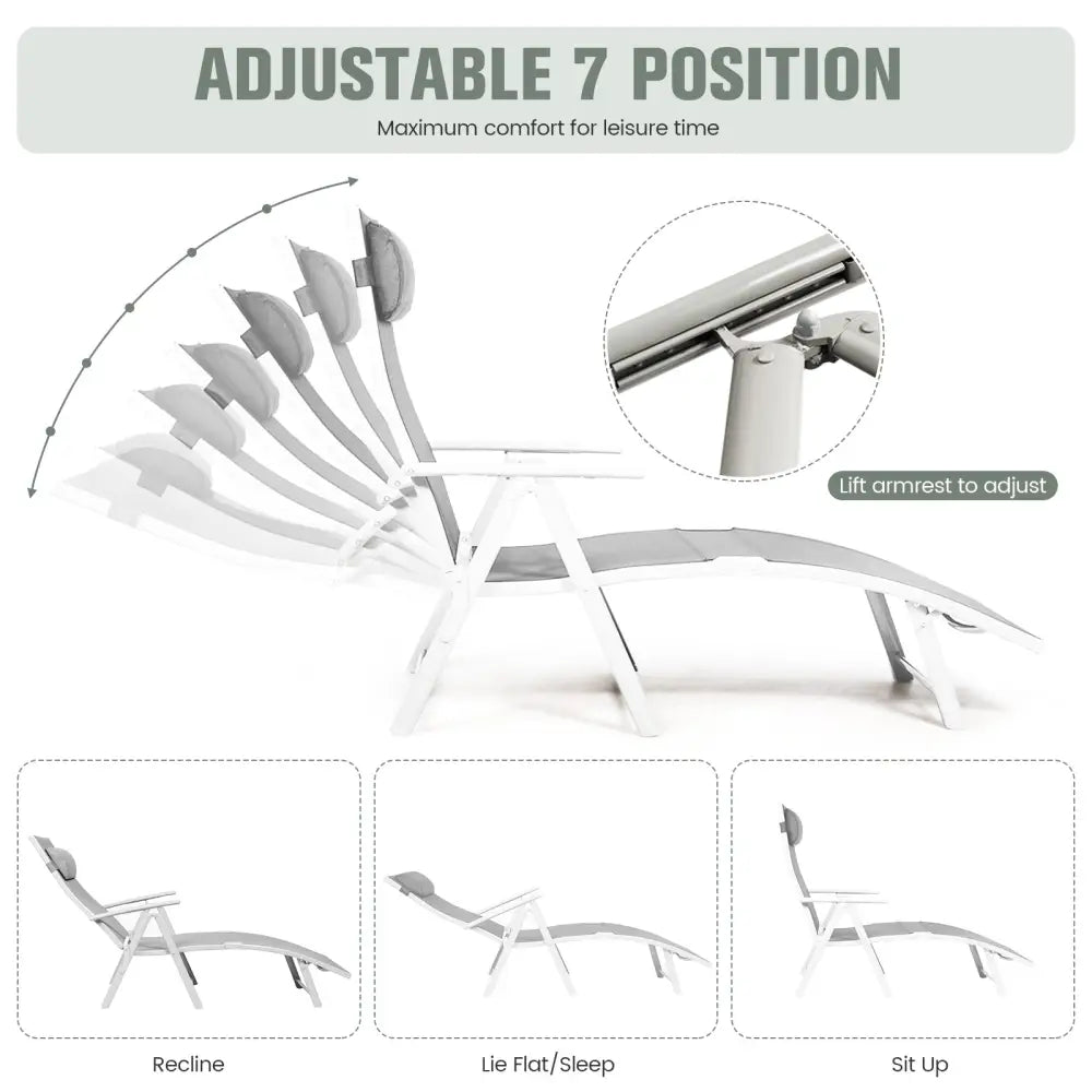 Adjustable Outdoor Lightweight Folding Chaise Lounge Chair with Pillow-Gray - Gray - Outdoor Chaise Lounges