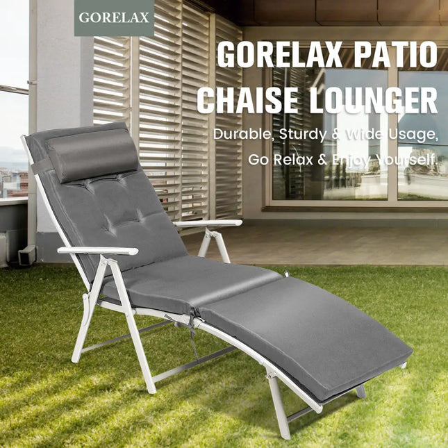 Adjustable Outdoor Lightweight Folding Chaise Lounge Chair with Pillow-Gray - Gray - Outdoor Chaise Lounges