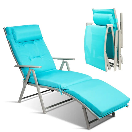 Adjustable Outdoor Lightweight Folding Chaise Lounge Chair with Pillow-Blue - Blue - Outdoor Chaise Lounges