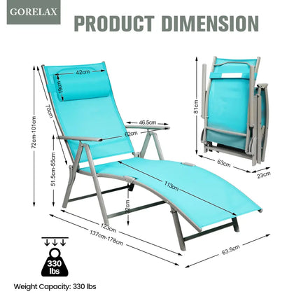 Adjustable Outdoor Lightweight Folding Chaise Lounge Chair with Pillow-Blue - Blue - Outdoor Chaise Lounges