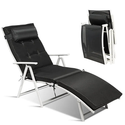 Adjustable Outdoor Lightweight Folding Chaise Lounge Chair with Pillow-Black - Black - Outdoor Chaise Lounges