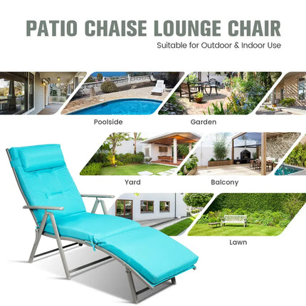 Adjustable Outdoor Lightweight Folding Chaise Lounge Chair with Pillow-Blue - Blue - Outdoor Chaise Lounges