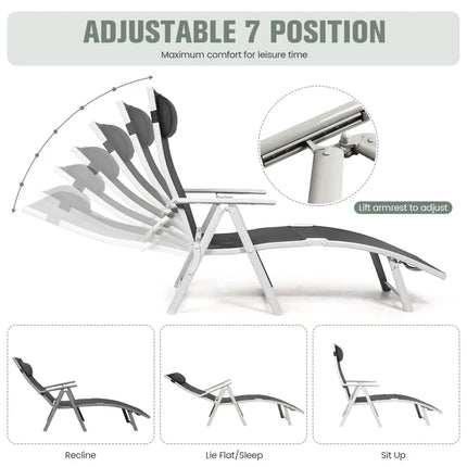 Adjustable Outdoor Lightweight Folding Chaise Lounge Chair with Pillow-Black - Black - Outdoor Chaise Lounges