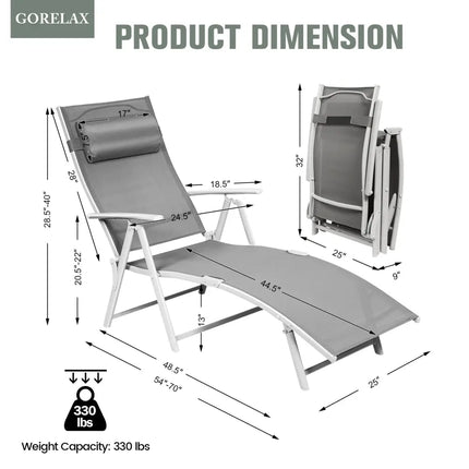Adjustable Outdoor Lightweight Folding Chaise Lounge Chair with Pillow-Gray - Gray - Outdoor Chaise Lounges