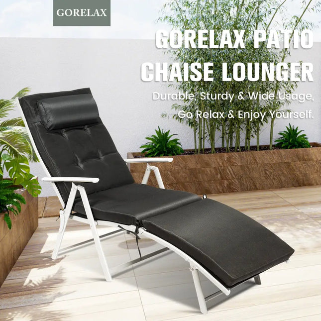 Adjustable Outdoor Lightweight Folding Chaise Lounge Chair with Pillow-Black - Black - Outdoor Chaise Lounges