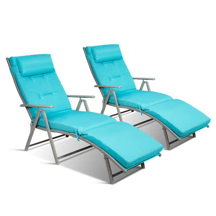 Adjustable Outdoor Lightweight Folding Chaise Lounge Chair with Pillow-Blue - Blue - Outdoor Chaise Lounges