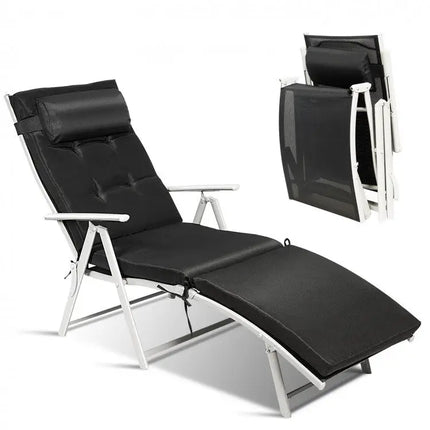 Adjustable Outdoor Lightweight Folding Chaise Lounge Chair with Pillow - Black - Oasis Home Essentials