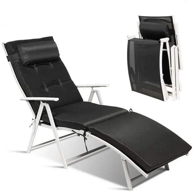 Adjustable Outdoor Lightweight Folding Chaise Lounge Chair with Pillow - Black - Oasis Home Essentials