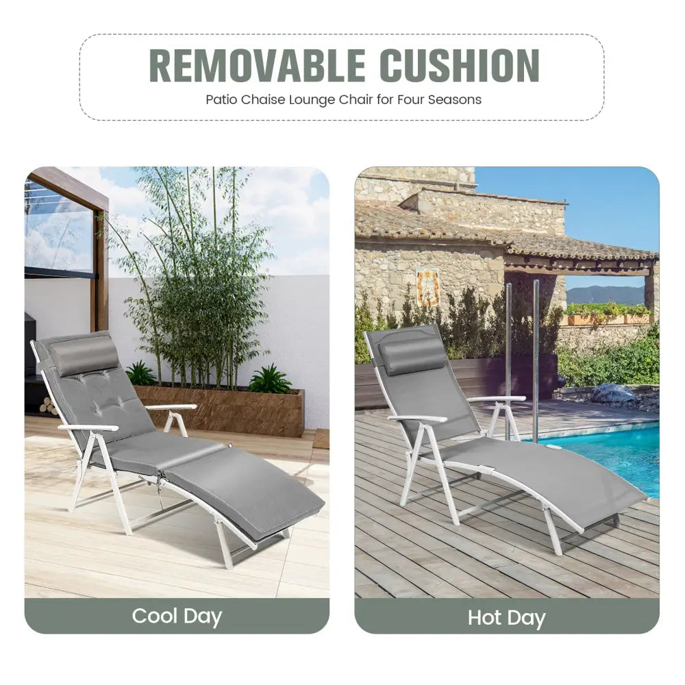 Adjustable Outdoor Lightweight Folding Chaise Lounge Chair with Pillow-Gray - Gray - Outdoor Chaise Lounges