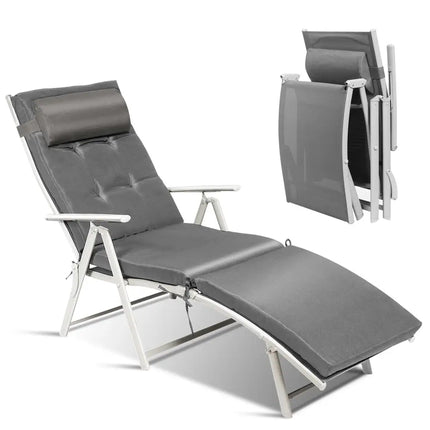 Adjustable Outdoor Lightweight Folding Chaise Lounge Chair with Pillow-Gray - Gray - Outdoor Chaise Lounges