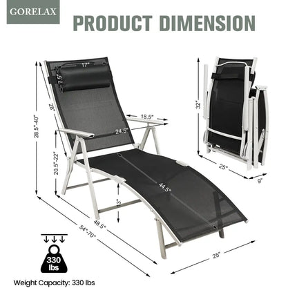 Adjustable Outdoor Lightweight Folding Chaise Lounge Chair with Pillow-Black - Black - Outdoor Chaise Lounges